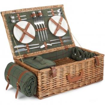 Red Hamper Wicker Deluxe Green Tweed Picnic Basket
