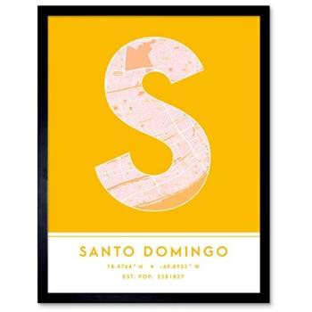 Modern Typographic Santo Domingo City Map in Yellow Letters – Home Décor Print