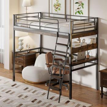 Lit mezzanine 90x200cm, bureau pour enfant, structure en métal noir