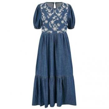 Tenue midi Yumi Yumi – chemise‑robe chambray bleu, 100 % coton, broderie artistique, manches puff