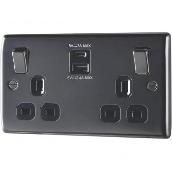 Metal 2-Gang SP 13A Switched Socket + USB Outlet, British General