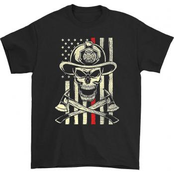 T-shirt noir XXL avec crâne de pompier et drapeau américain