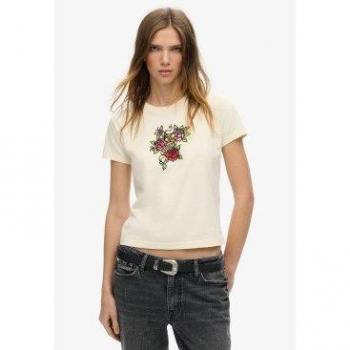 White Superdry Small Women’s Cotton T‑Shirt – Ribbed, Rhinestone Tattoo Design