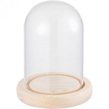 Contenedor de flores transparente con base de madera