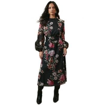 Oasis Women's Black Floral Organza Midi Dress with Shirred Waist and Tie Back