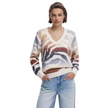 Pull col V zébré blanc pour femme taille L Desigual