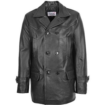 Real Leather Pea Coat, 2XL, Salcombe, Black, Double‑Breeched