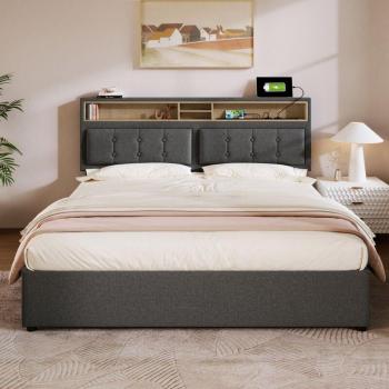 Lit Confort Double 160x200 CM – Rembourré Gris, Prise USB, Sans Matelas