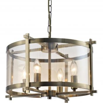 Nolan Cylindrical Ceiling Pendant 4 Light E14 Antique Brass, Amber Glass