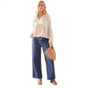 Petite Woven Smock Top with Neck Tie