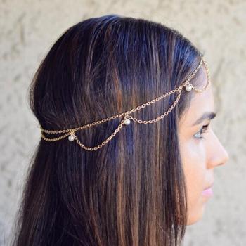 Adorno de Cabeza para Mujer, Cadena de Cabello con Cuentas Blancas T004