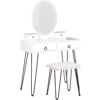 Beliani Coiffeuse blanc et noir avec miroir à LED et tabouret