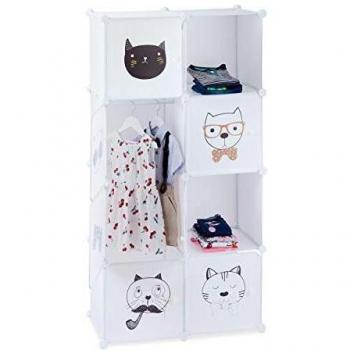 Armadietto per Cameretta dei Bambini con Gatti, 7 Scomparti, Bianco