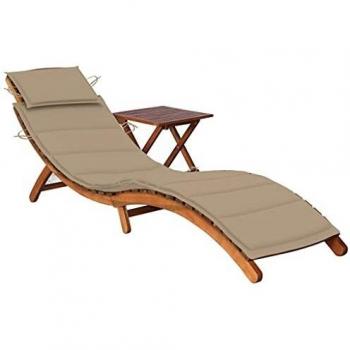Chaise Longue de Patio avec Table et Coussin en Bois d'Acacia