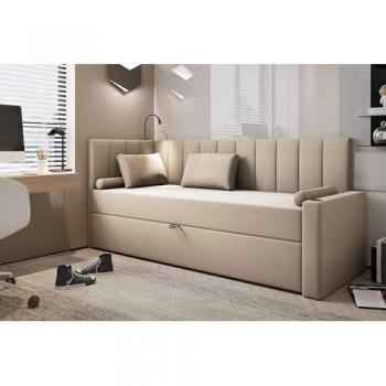 Trada Boxspring TOKIO 80x200 cm – Tissu velours beige, coffre et éclairage LED – droit