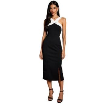 Elegant Mono Pencil Dress, Cross‑Neck Bow – Women's Size 16