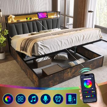 Mueble Cama Contenedor 180x200 cm – Estilo Rústico Industrial con Sistema LED y Conexión USB