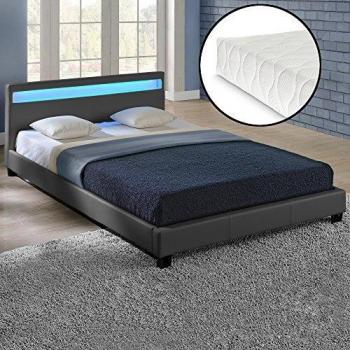 Lit capitonné à LED Paris avec Matelas 140x200cm Gris foncé Mousse Froide