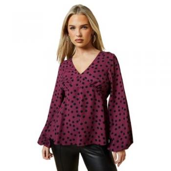 Womens Petite Berry Spot Long Sleeve Button Front Tea Blouse