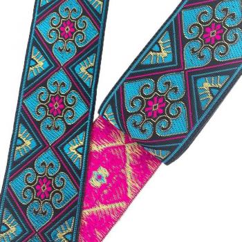 Cinta de Encaje Étnico Jacquard, 7 Yardas, 5CM, Oro y Azul