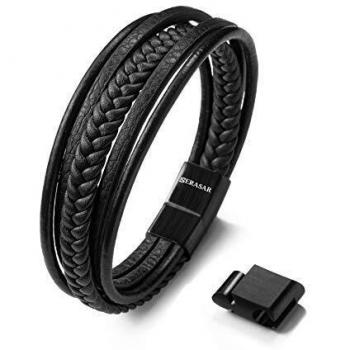 Luxe Tissu – Bracelet masculin en cuir noir 23 cm, parfait cadeau
