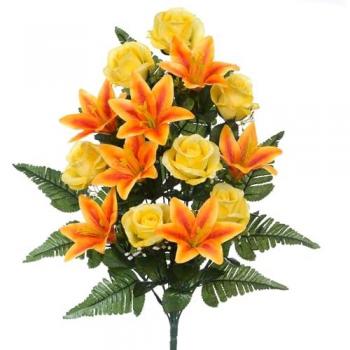Set bouquet frontali 55 cm: 14 rose artificiali e lilium
