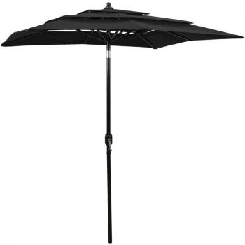 Sombrilla de exterior 3 niveles con poste de aluminio negro 2x2 m