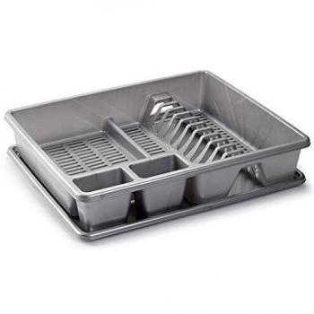 Escurridor de Platos Rectangular con Bandeja, Plástico Libre de BPA, 48 x 38 x 9 cm, Gris