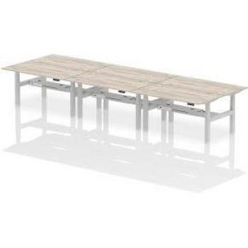 Dynamic Air Back-to-Back W1600 x D800mm Height Adjustable Sit Stand 6 Person Bench Desk With Cable Ports Grey Oak Finish Silver Frame