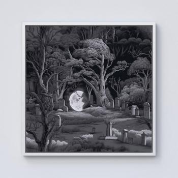 Eerie Moonlit Cemetery Grey Canvas – 10” x 10”, Unframed Matte Finish