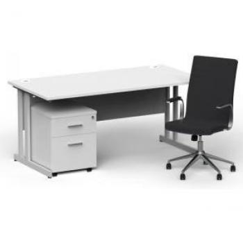 Impulse 1600mm Standing Desk, White Finish, Silver Cantilever Supports, Mobile Pedestal Package