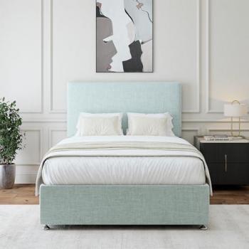 Classic Linen Bed Master Base, Plain Headboard, Light Brown Finish