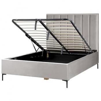 Lit Double en Velours Gris Clair 140 x 200 cm avec Coffre de Rangement et Tête de Lit Acolchée
