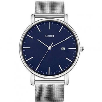 BUREI Montre Ultra-Fine Homme Bleu Argent