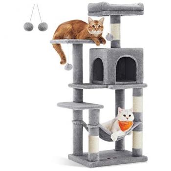 Cat Furniture with Hammock & Pompoms, Light Grey / M (45 x 35 x 112 cm)