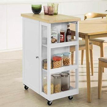 Carrito de Cocina con 3 Estantes y Puerta Vidrio Blanco