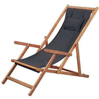 Silla de playa plegable de tela y estructura de madera gris
