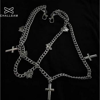 Punk Rock Men's Chain Belt with Cross Leaf Keychain 332
