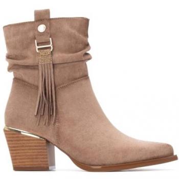 Botín XTI Cowboy Beige con Tacón Cúbano y Flecos