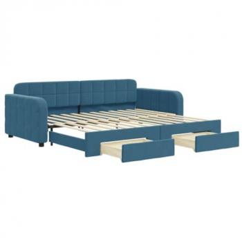 Lit Convertible Bleu Velours, Gigogne & tiroirs 90x200 cm