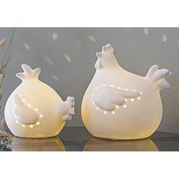 Weiße Porzellan Hühner mit LED Licht, Osterdeko