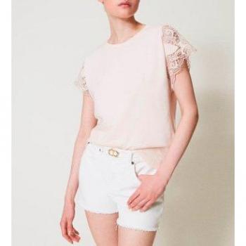 T-shirt casual Twinset con pizzo, colore rosa, Taglia S