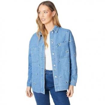 Floral Embroidered Light Wash Denim Jacket for Women