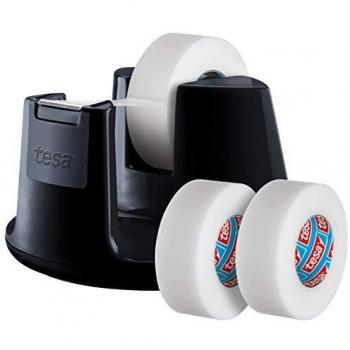 Tesa Easy Cut Desk Tape Dispenser with Invisible Tape (3 Rolls, 33m x 19mm)