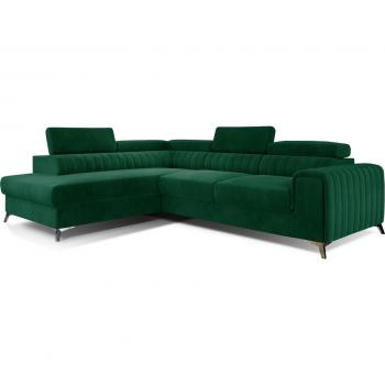 Canapé d'angle Larry Velours convertible en tissu luxe vert, 5 places, angle gauche