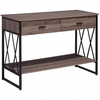 Industrial 2 Drawer Console Table Taupe Wood Top Black Metal Base Ayden