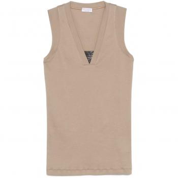 Brunello Cucinelli Women’s Sleeveless Cotton V‑Neck Top – Beige Size S, SKU M0TC8EL672