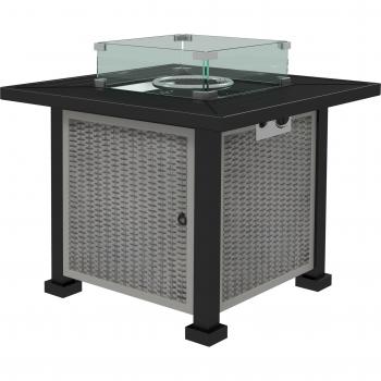 Outsunny Alfresco Ambiance Rattan Gas Fire Pit Table, Smokeless with Glass Screen, Beads & Lid, Grey