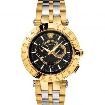 Versace Swiss Dualtimer Elegant Black Leather Watch Yellow Male