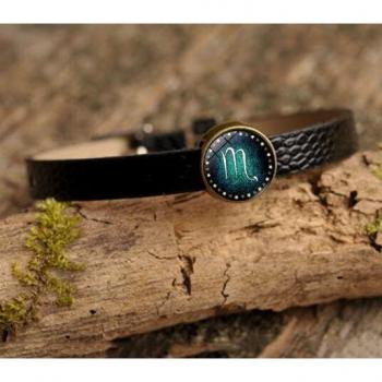 Bracelet en cuir vintage, bijou ajustable avec pierre de temps et cabochon de constellation